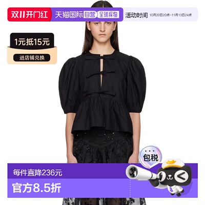 自营 GANNI 甘尼 女士 黑色 Cotton Poplin Peplum Tie 上装 F736