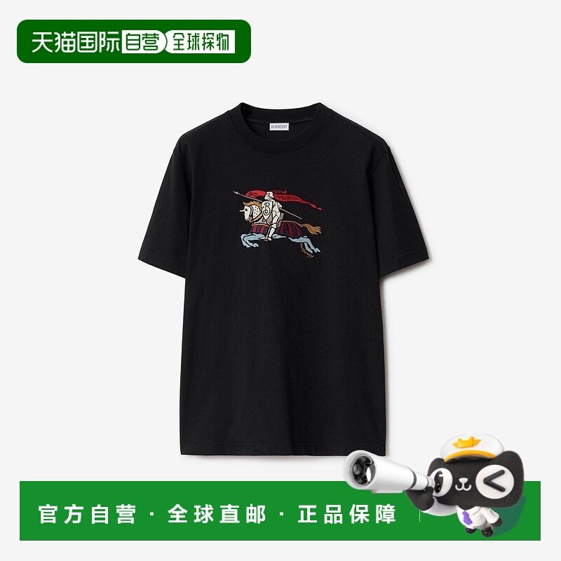 自营欧洲直邮Burberry博柏利 EKD系列男士黑色棉短袖马术骑士刺绣