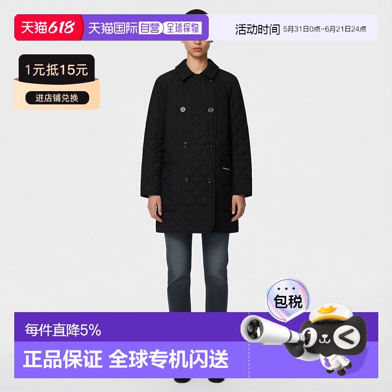 自营BURBERRY博柏利女士字母印花翻领双排扣棉服