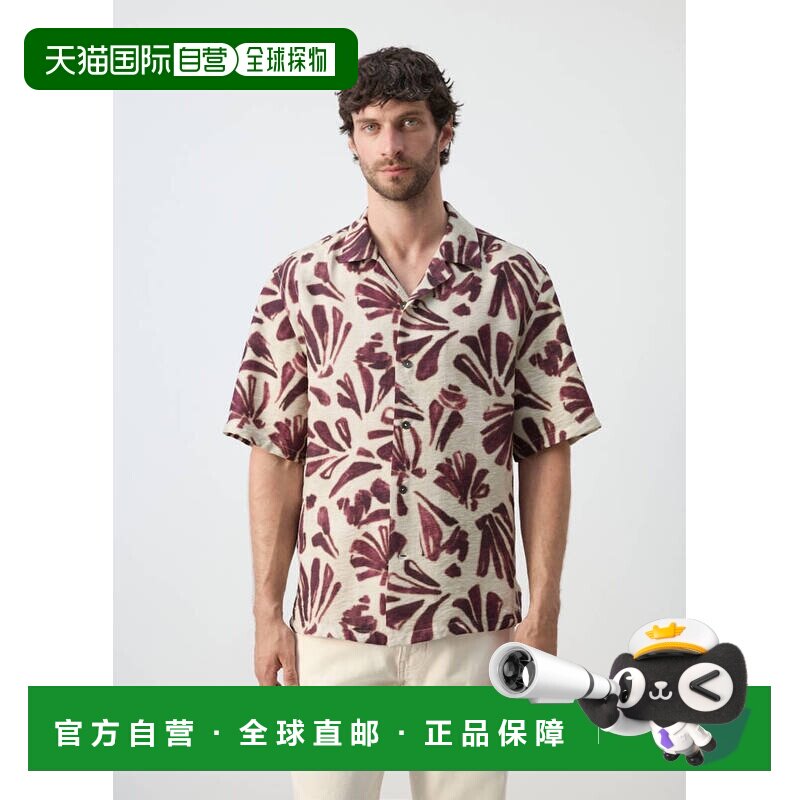 自营欧洲直邮MANGO 男士紫色粘胶纤维印花保龄领短袖衬衫男装