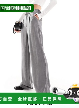 香港直邮ASOS 女士 设计长筒宽松直筒亚麻裤子(灰色)休闲裤阔腿裤