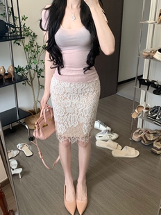 蜜桃甜甜~夏温柔风天丝羊毛修身T恤+蕾丝半身裙包臀套装蕾丝短裙