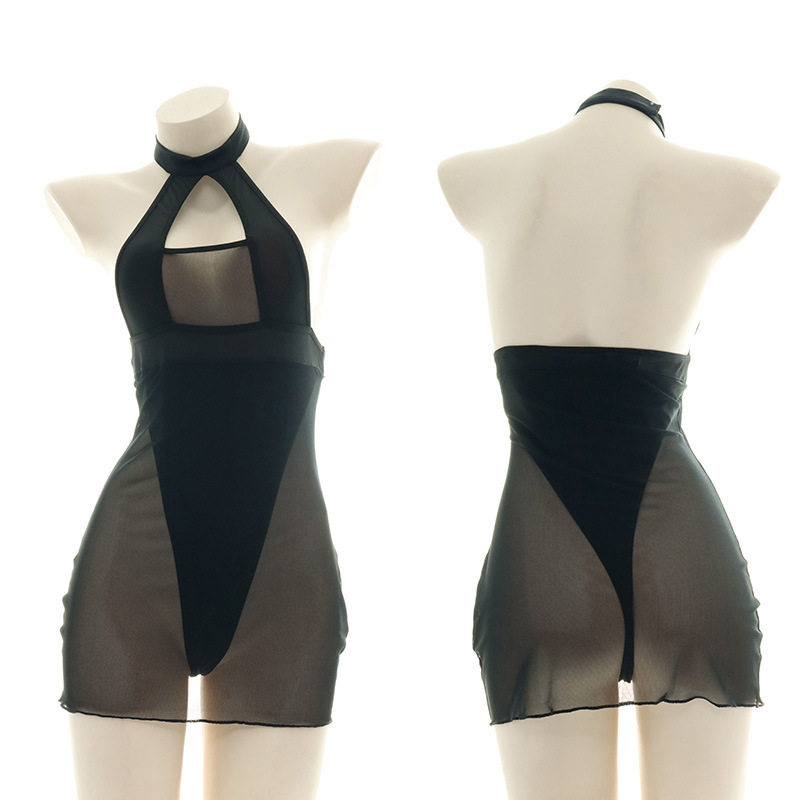 女士情趣高叉挂脖紧身短裙性感半透睡衣连体露背女佣女仆裙T0192