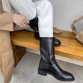 巨好穿 巨舒服 黑色牛皮中筒靴女圆头平底女靴方跟百搭单靴子