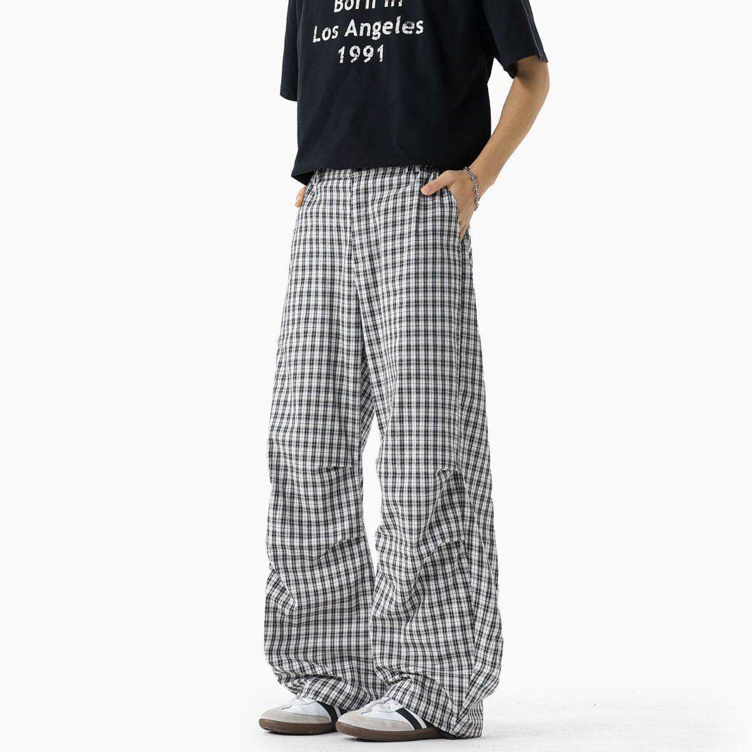 CYDCLUB 男款格子阔腿裤春季美式褶皱宽松直筒不易变形长裤,男装,卫裤,淘宝优惠券,粉丝福利购,淘宝优惠卷