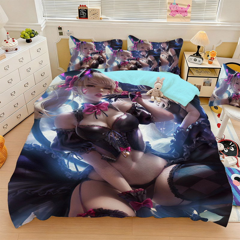 动漫3D美女水晶绒保暖款三件套二次元珊瑚绒四件套加厚被套