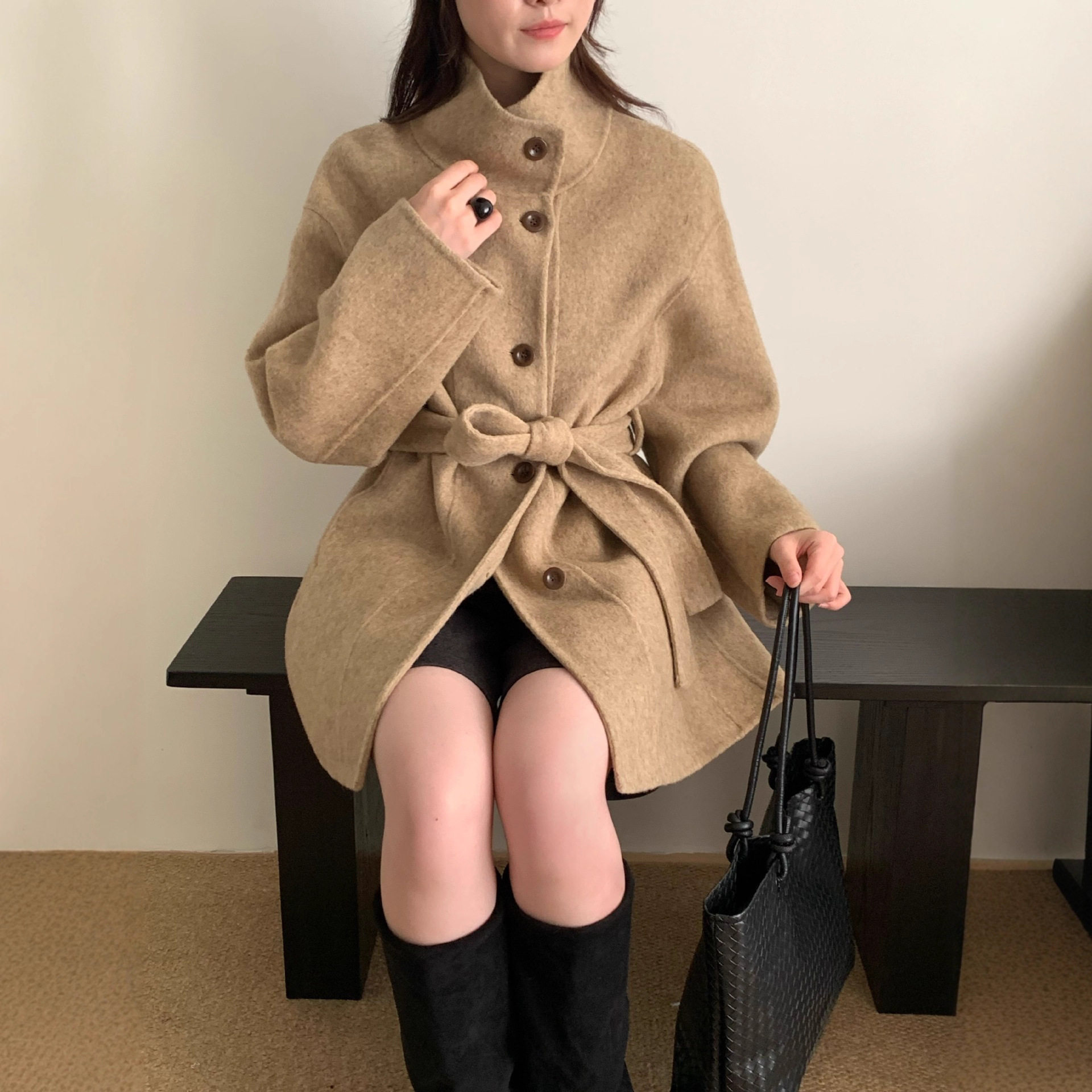 新款秋冬韩版高端立领短款双面羊毛大衣女中长款小个子羊毛呢外套