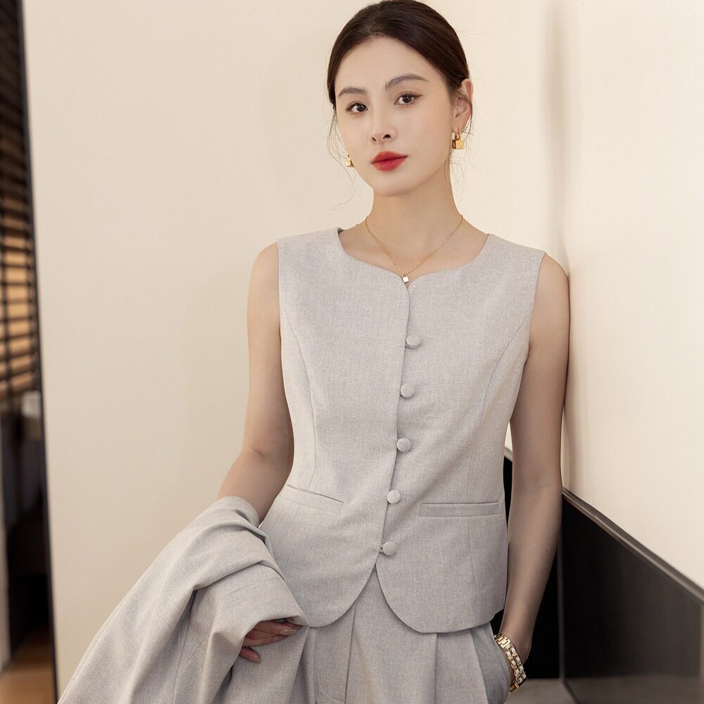 灰色V领假两件西装马甲阔腿裤套装廓形休闲西服裤子两件套女
