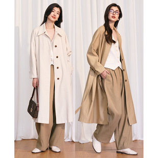 2026早春新款韩系简约休闲风亚麻高级感纯色长款风衣外套女