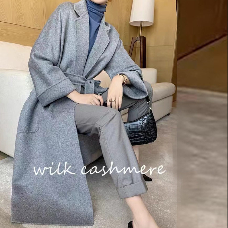 秋冬2025水波纹双面羊绒大衣女加长款 欧美浴袍款秋冬外套女