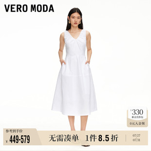 商場同款 Vero Moda奧萊連衣裙2025夏季 新款 純棉V領(lǐng)捏褶收腰裙高級