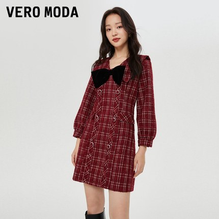 Vero Moda奥莱连衣裙子秋冬清仓小香风花呢优雅气质翻领双排扣女