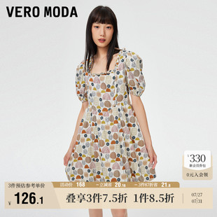 Vero 印花收腰显瘦女 Moda奥莱连衣裙子夏季 清仓复古甜美泡泡袖