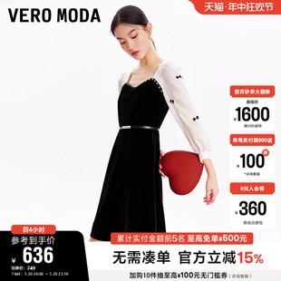 Vero 丝绒撞色拼接袖 优雅气质小黑裙女 Moda奥莱连衣裙子春秋新款