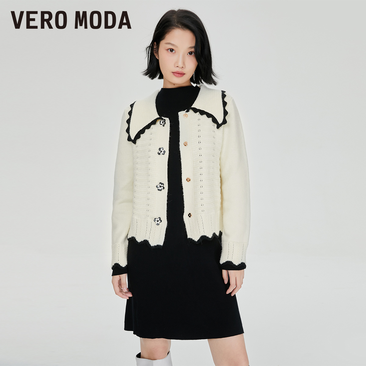 Vero Moda奥莱针织衫秋冬清仓复古甜美钩织彼得潘领上衣毛衣女