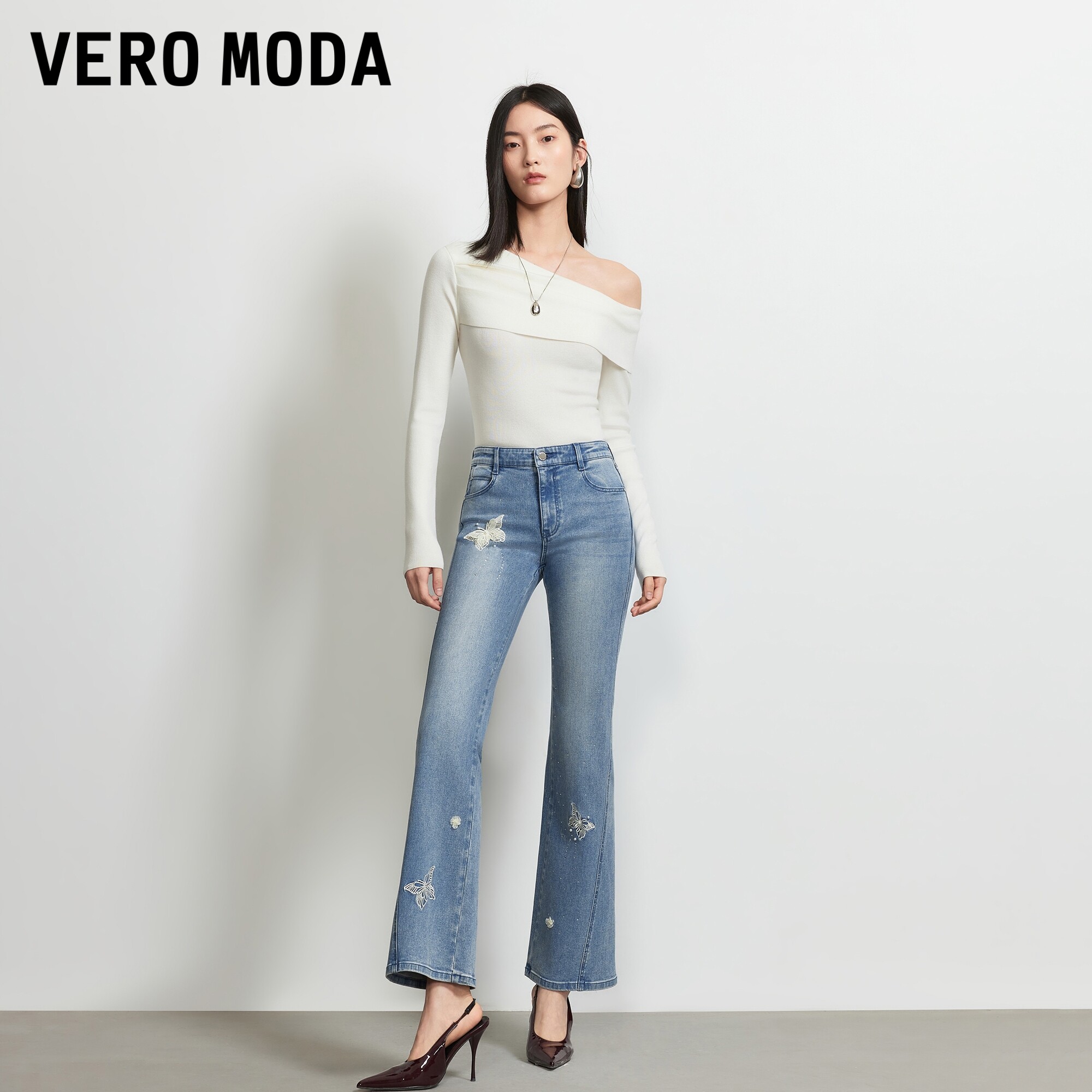 Vero Moda牛仔裤女2026夏秋新款立体蕾丝绣花烫钻钉珠微喇九分裤