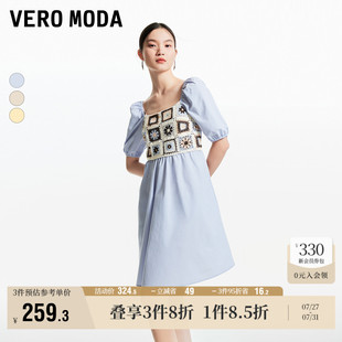 方领度假风裙子 Vero Moda奥莱连衣裙夏季 新款 针织镂空拼接泡泡袖