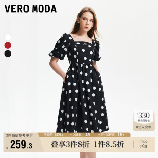 Moda奥莱连衣裙夏季 法式 Vero 新款 波点收腰A摆优雅方领泡泡袖 短袖