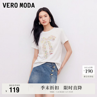 Vero Moda奥莱T恤女2026春夏新款纯棉正肩蝴蝶结印花短袖上衣时尚