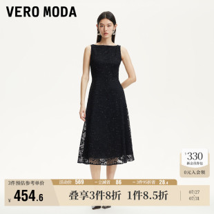 高级 Vero Moda奥莱连衣裙2025夏季 新款 圆领亮片蕾丝花朵A字裙时尚