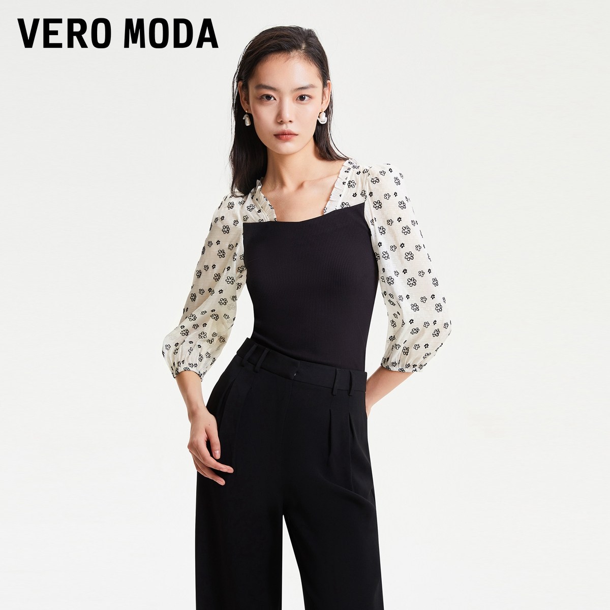 Vero Moda奥莱上衣女秋冬清仓优雅甜美拼接泡泡袖修身收腰显