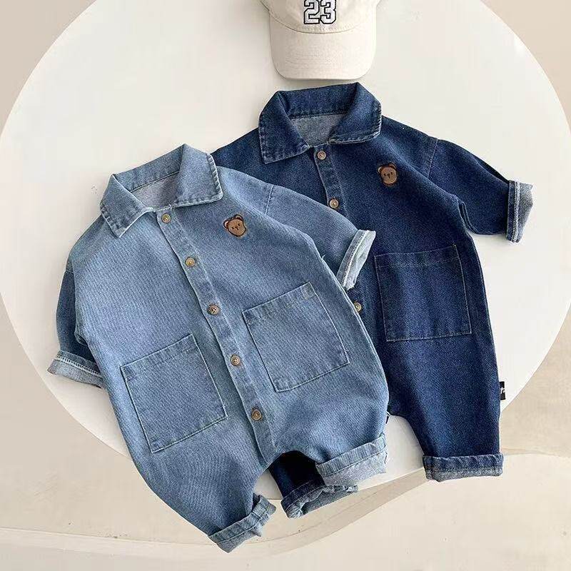婴儿春秋款连体衣宝宝衣服春季新款洋气牛仔爬服满月百天外出爬服