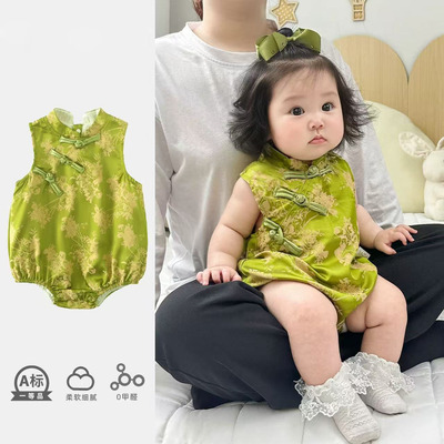 夏季女宝连体衣百天婴儿衣服满月新生儿中式公主哈衣国风宝宝夏装