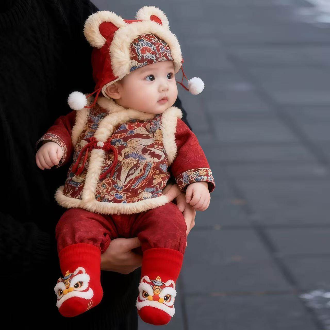 婴幼儿冬装男女宝宝唐装国风加厚连体衣红色喜庆拜年服秋冬外出服