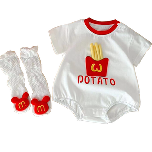 婴儿薄款白薯条短袖包屁衣夏装满月哈衣宝宝连体衣短袖外出爬爬服