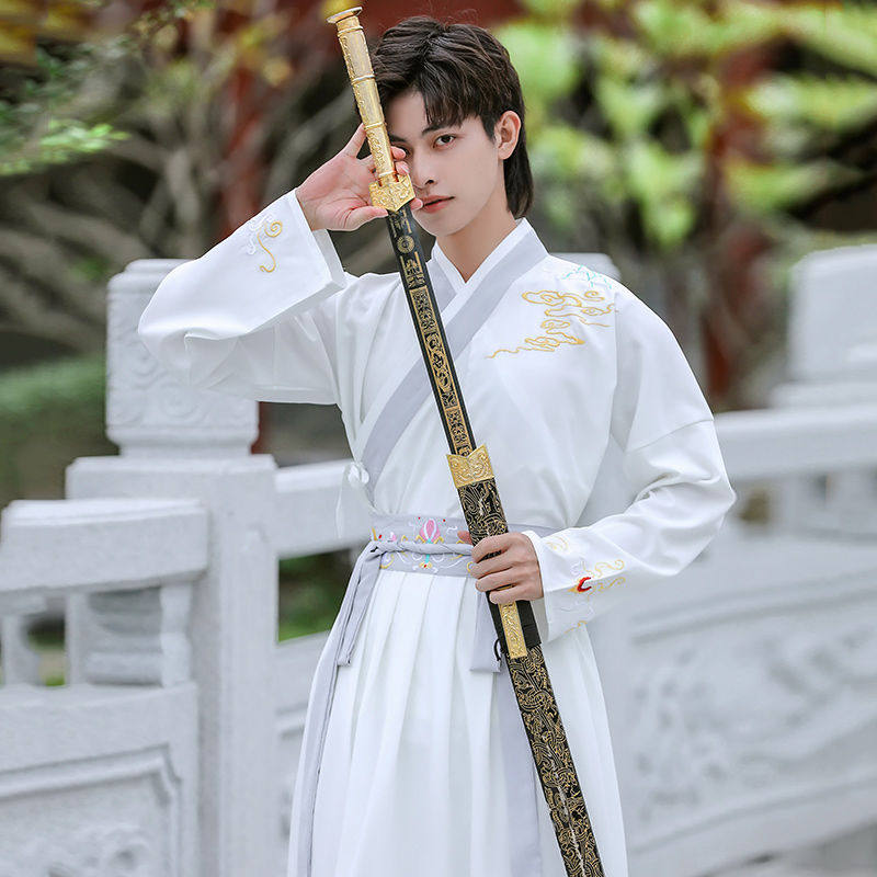 HANFU 남성 무술 스타일 남성과 여성의 고대 스타일 검객 흰색 긴팔 학생 의상 졸업식 유니폼 풀 세트
