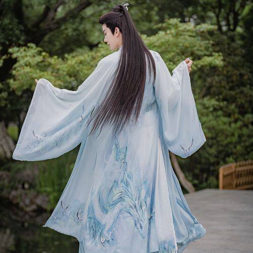 원래 HANFU 남성과 여성 커플 슈퍼 요정 시원한 분위기 세련된 중국 스타일 크로스 칼라 허리 길이 인쇄 고대 의상 봄 여름 가을