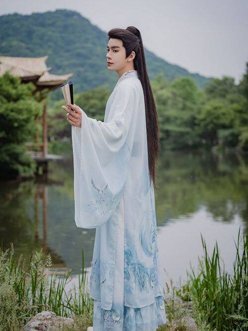 원래 HANFU 남성과 여성 커플 슈퍼 요정 시원한 분위기 세련된 중국 스타일 크로스 칼라 허리 길이 인쇄 고대 의상 봄 여름 가을