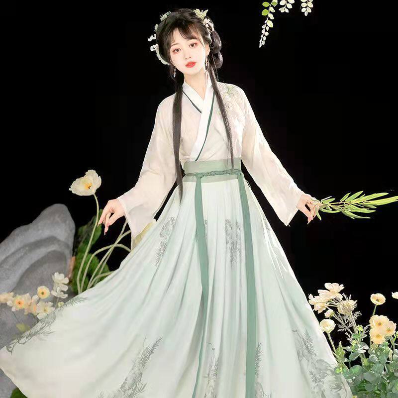 MIDU 정통 송나라 성인 HANFU 여학생 중국 스타일 슈퍼 요정 고대 의상 크로스 칼라 허리 길이 속치마 봄과 여름 스타일