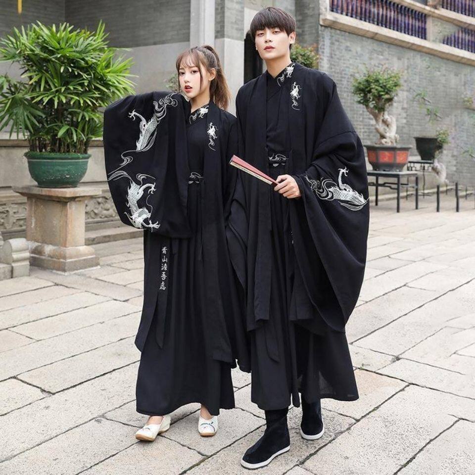 HANFU 남자의 요정 스타일 고대 스타일 남자의 검은 용 패턴 자수 웨이와 진 중국 스타일의 의상 성능 의류 한 요소 완전한 세트