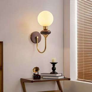 法式中古客厅壁灯卧室床头灯美式复古花纹布艺实木壁挂式装饰灯具