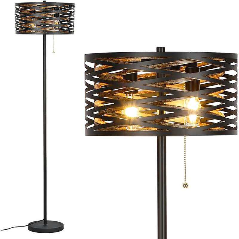 复古落地灯美式工业风拉链开关仿古木纹客厅沙发卧室立式灯具