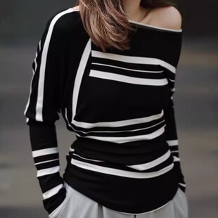 斜肩条纹早秋漂亮好看显瘦超设计独特上衣T恤别致高级感绝美小众