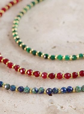 项链韩国手工红宝石设计叠祖母绿链串珠夏玉真石小众极细24戴锁骨