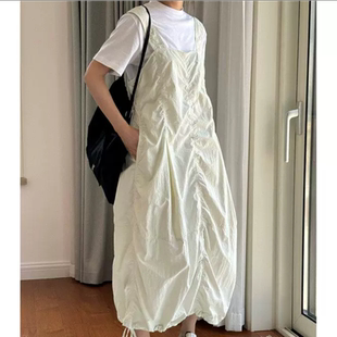 舒适清新女抽绳休闲连衣裙褶皱 工装 透气休闲新款 背带裙夏季