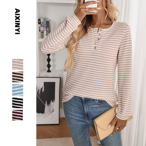 women's pineapple grid casual T-shirt knitted long sleeve