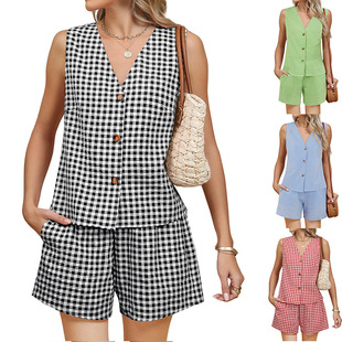 Summer women suit two piece pants vest linen short