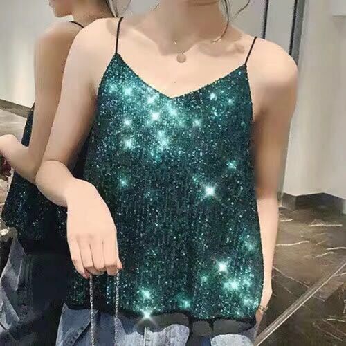 summer sexy sequin V-neck tank top, women's short loose vest