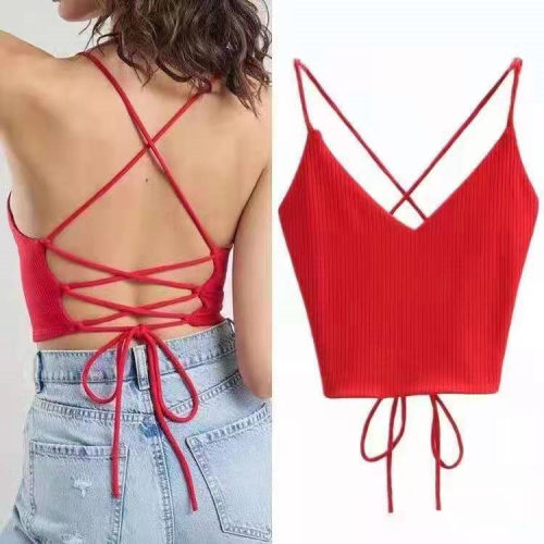 Summer girl sexy tie rope knitted base top high waisted vest