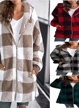 Plush womens long sleeved checkered hooded zipper hoodie top