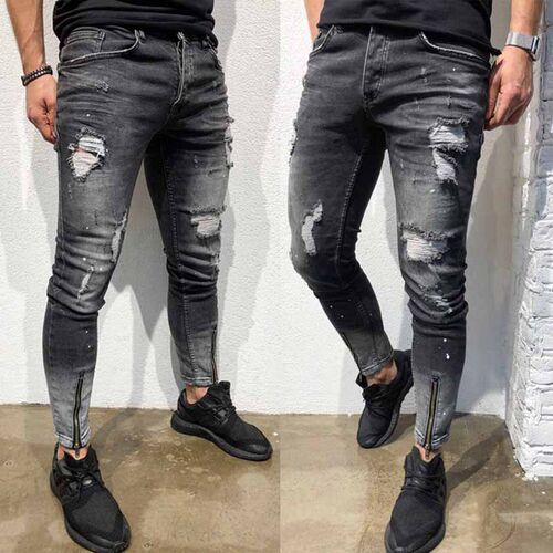 Men's small leg jeans with zipper at the foot opening, men'