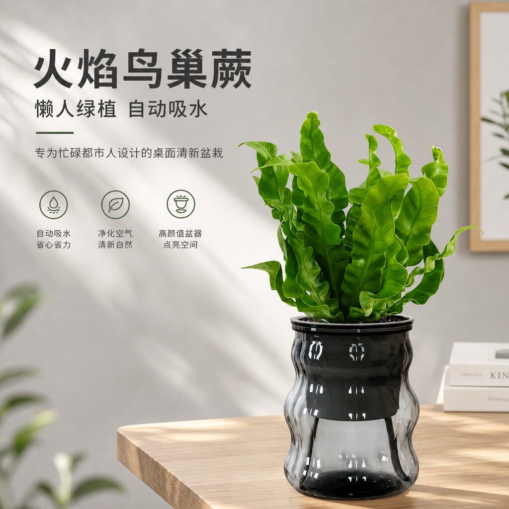 火焰鸟巢蕨盆栽网红办公室内桌面工位解压植物净化空气好养绿植图片
