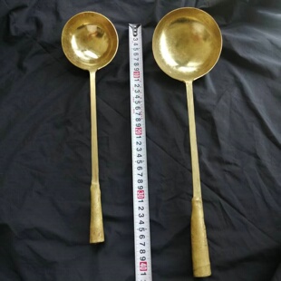 真黄铜勺子铜汤勺圆筒手握柄家用厨房烹饪手工炒勺无涂层更健康