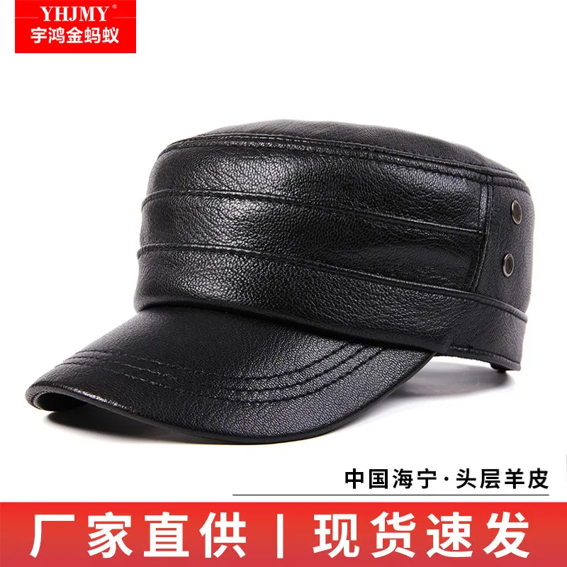 秋冬真皮帽子男士中老年羊皮中年爸爸开口薄款平顶帽父亲老人保暖