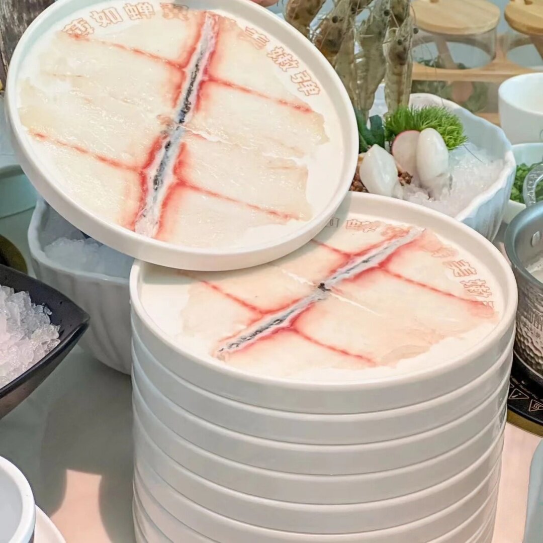 密胺餐具网红火锅店鲜切牛肉吊龙雪花盘仿瓷白色圆盘石斑鱼片