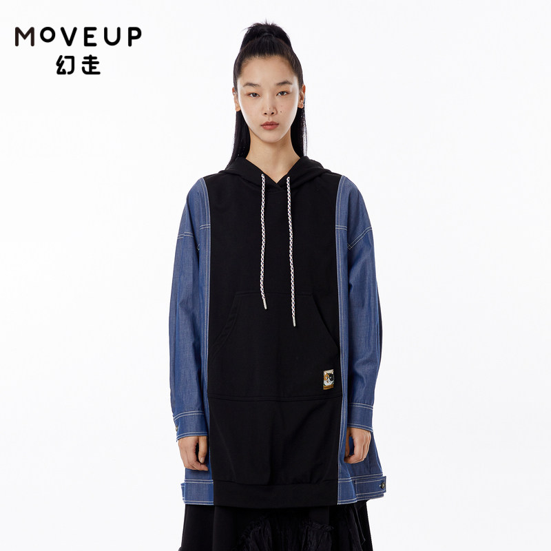 MOVEUP幻走2023春季新款.FUN系列连帽撞布设计师抽绳中长款卫衣女